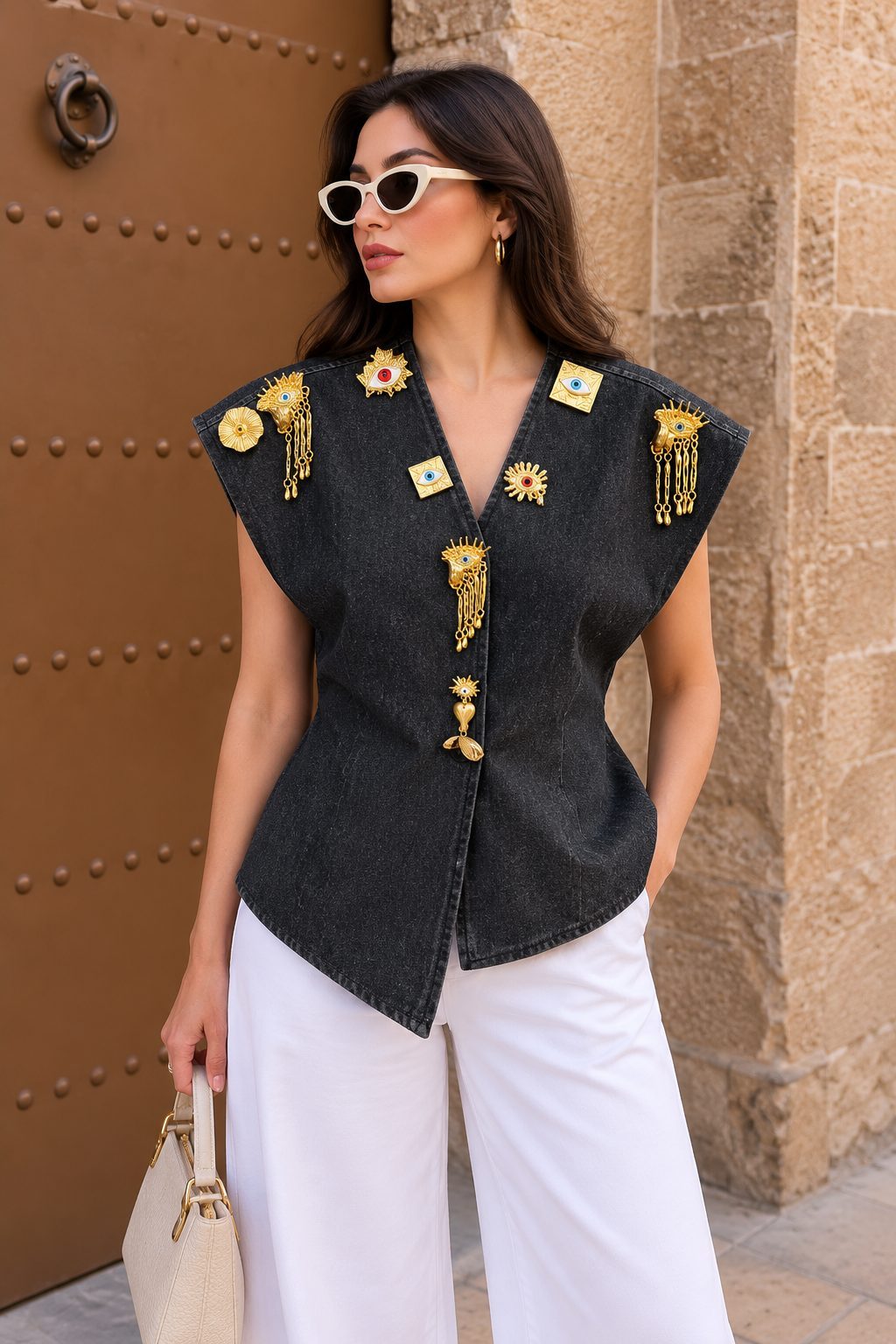 Denim Vest With Brooches