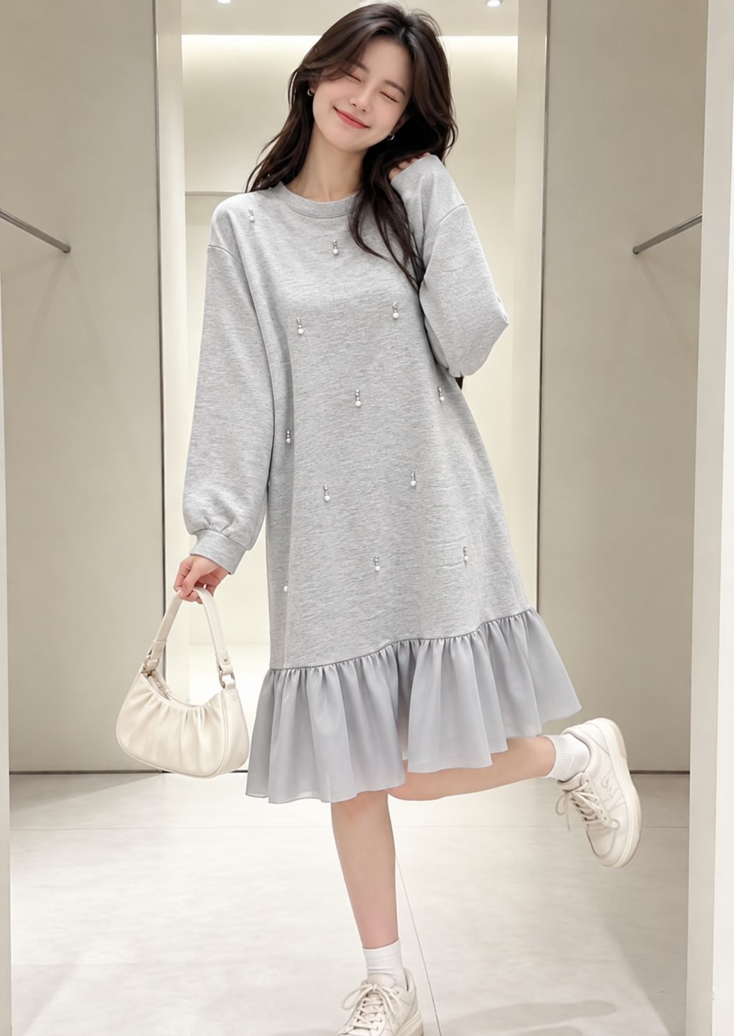 Pearl Embellished Ruffle Hem Sweatshirt Dress