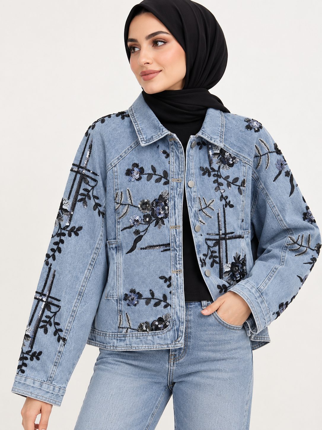 denim jacket decorated with floral black