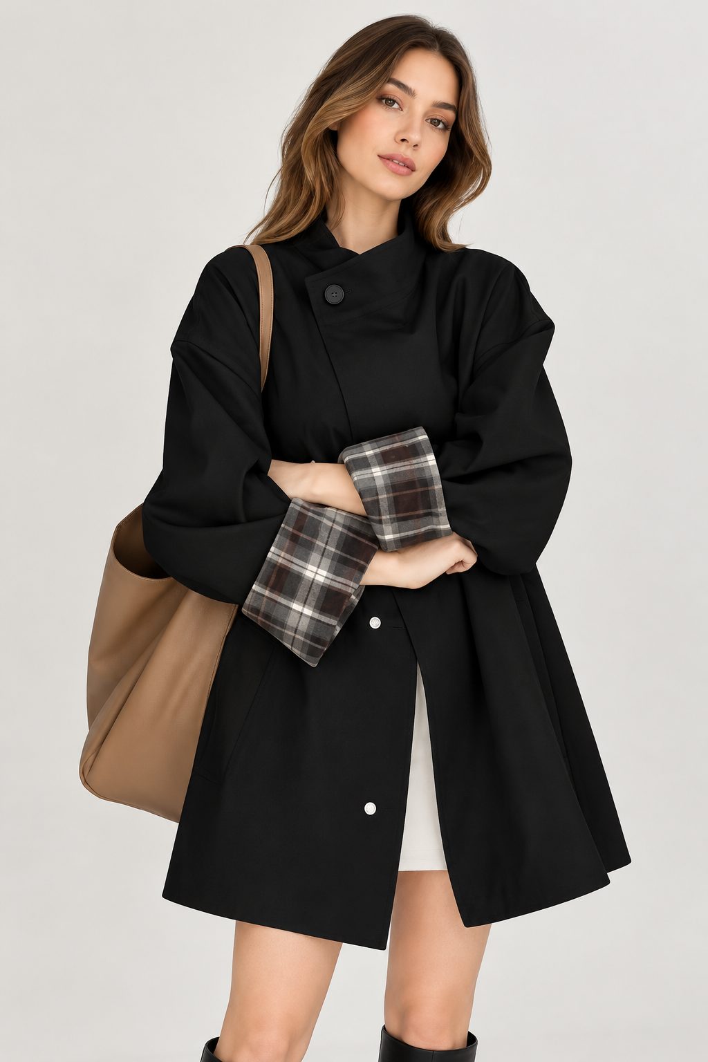 Chic Plaid Cuff Oversized Coat