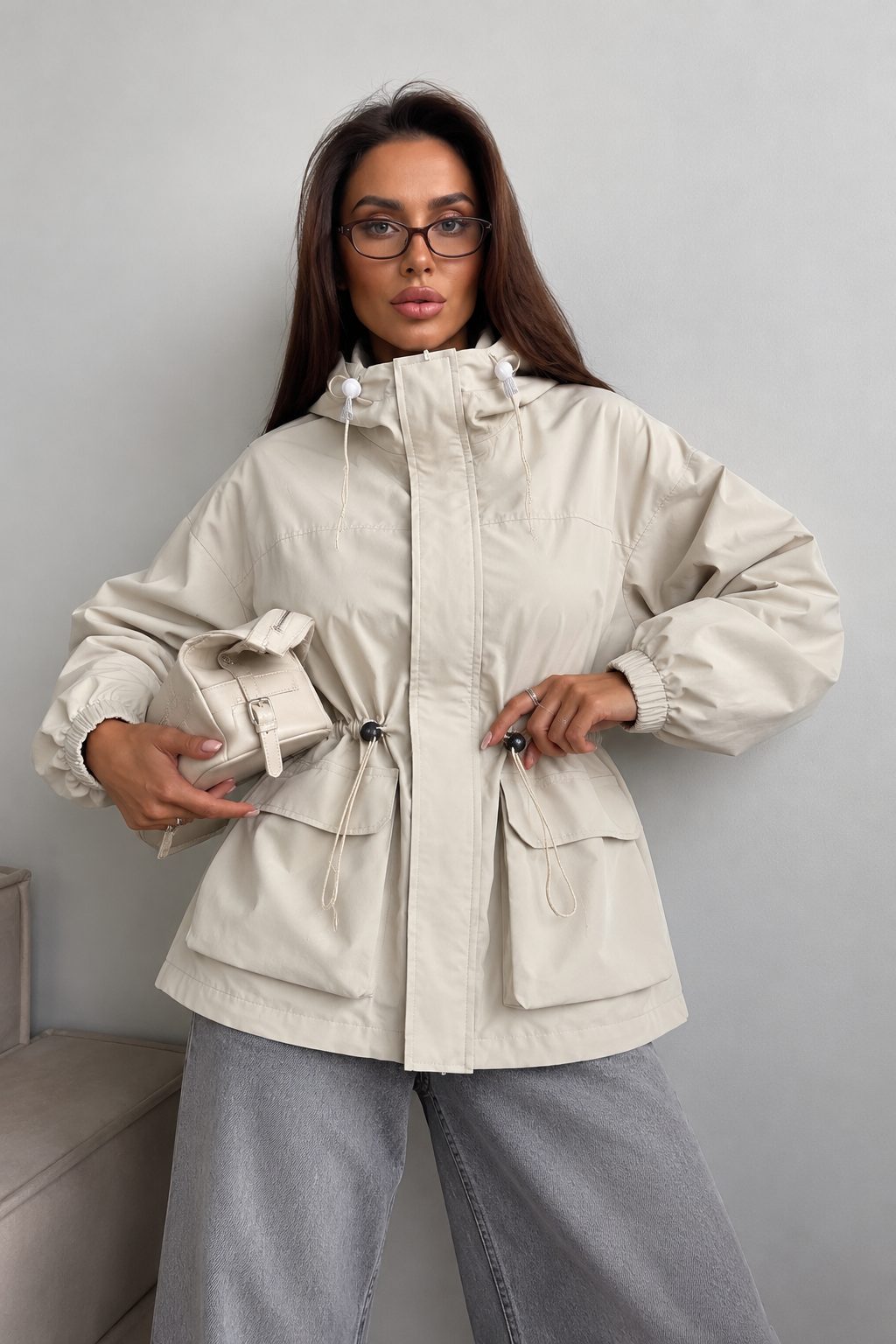 Drawstring Waist Hooded Utility Jacket